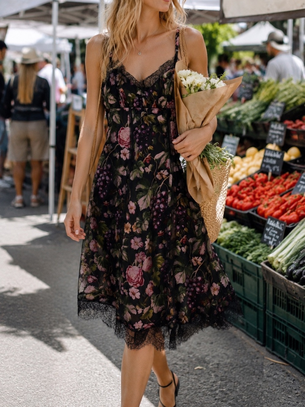 Anthropology Maeve Black Floral Lace-Trim Midi Dress
